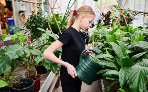 Leerling van het Heyerdahl College geeft planten water.